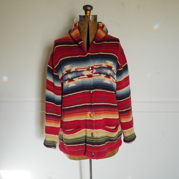 Lauren Ralph Lauren Sweaters - Vtg Ralph Lauren Cardigan Concho Southwestern Tribal Shawl Collar Sweater Knit L